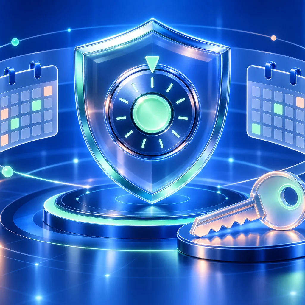 Security key and verification shield illustration in cobalt and mint